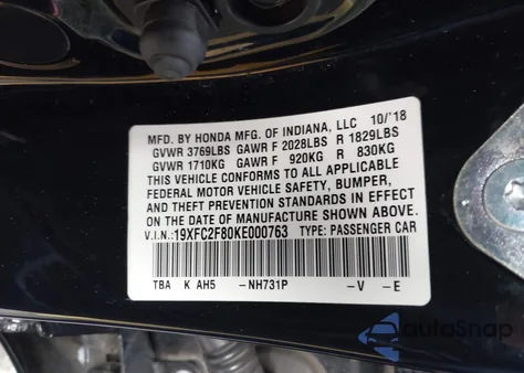 2019 Honda Civic Sport из США, поврежденный, VIN 19XFC2F80KE000763